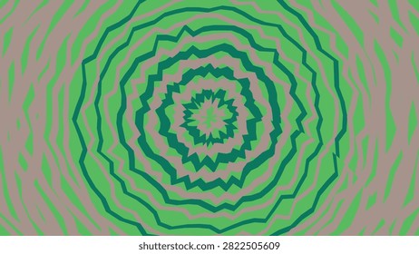 A captivating digital illustration depicting concentric circles formed by jagged sharp lines in varying shades of green and muted grey. The hypnotic mandala-like structure draws the viewer inward with its rhythmic organic complexity.