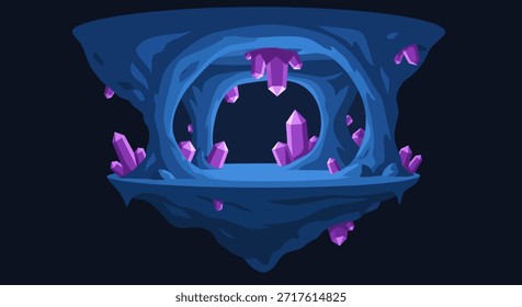 Uma ilustração digital cativante de uma caverna flutuante da ilha adornada com cristais roxos brilhantes. Esta paisagem misteriosa evoca um senso de fantasia e maravilha. É ideal para o ambiente do jogo