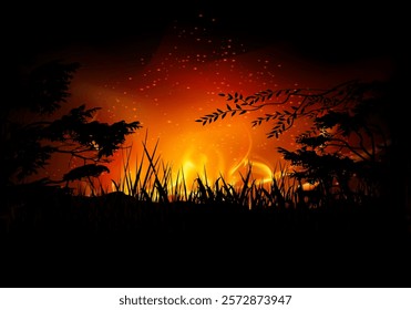 A captivating digital illustration of a forest engulfed in flames, with grass and trees silhouetted against the fiery backdrop, symbolizing environmental danger and wildfire impact