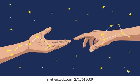 Ilustração digital cativante retratando duas mãos estendendo-se umas às outras contra um fundo azul escuro cheio de estrelas cintilantes. Constelações adornam cada mão, simbolizando conexão,