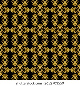 Um modelo digital cativante apresenta formas de diamante dourado interligadas em um fundo escuro, criando um design simétrico