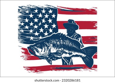 Captivating distressed fisherman fishing with USA flag backdrop. Ideal for patriotic designs, commercial use in diverse projects.