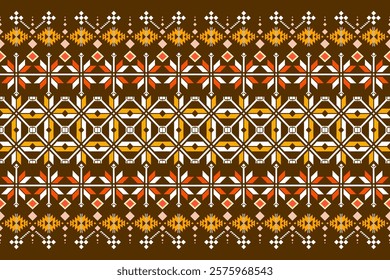 A captivating ethnic-inspired pattern featuring a bold and colorful arrangement of geometric shapes. The design showcases a rich cultural heritage with its intricate details and symmetrical compositio