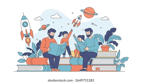 Captivating family reading adventure amongst books planets rockets and lush greenery inspiring imagination and togetherness