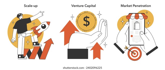 Captivating flat vector illustration depicting the core elements of business scaling: strategic rocket launch, securing venture capital, and targeting market penetration.