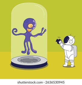 A captivating and futuristic encounter featuring an astronaut along with a whimsical purple octopus