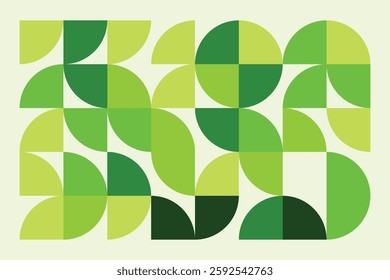 A captivating geometric artwork featuring abstract green shapes forming a harmonious composition. The blend of curves and squares creates a modern, structured yet organic visual experience.