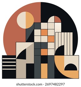 A captivating geometric composition featuring circles, squares, and lines, embodying a modern aesthetic. This artwork is perfect for adding a touch of sophistication.