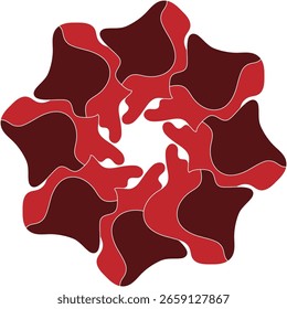 A captivating geometric design featuring an abstract pattern with bold red shapes against a white background.