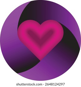Um design geométrico cativante com uma forma de coração rosa arrojada dentro de um quadro circular roxo contra um fundo branco.