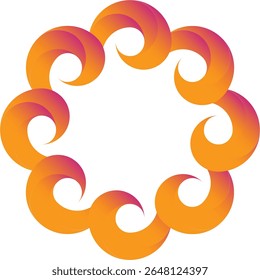 A captivating geometric design featuring a circular pattern with bold orange and pink swirls against a white background.