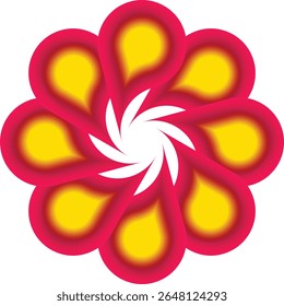 A captivating geometric design featuring a flower pattern with bold red petals and yellow centers against a white background.