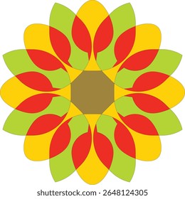 A captivating geometric design featuring a flower pattern with colorful petals in green, yellow, and red hues against a white background.