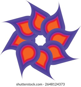 A captivating geometric design featuring a flower pattern with bold purple petals and orange centers against a white background.