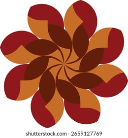 Um design geométrico cativante com um padrão de flores com pétalas castanhas e vermelhas em negrito sobre um fundo branco.