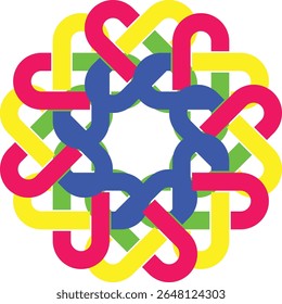 A captivating geometric design featuring interlocking colorful shapes arranged in a symmetrical pattern against a white background.