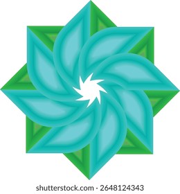 A captivating geometric design featuring a spiral flower pattern with bold teal petals and green accents against a white background.