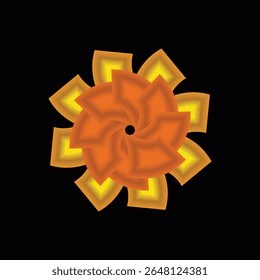 A captivating geometric design featuring a spiral flower pattern with bold orange petals and yellow centers against a black background.