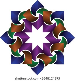 A captivating geometric design featuring a spiral star pattern with bold colors in blue, purple, green, and brown against a white background.