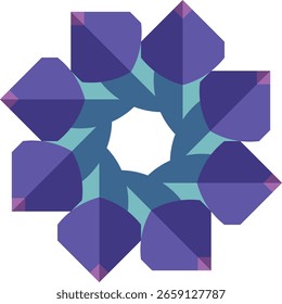Un diseño geométrico cautivador con un patrón de estrellas con Formas violetas y acentos azules sobre un fondo blanco.