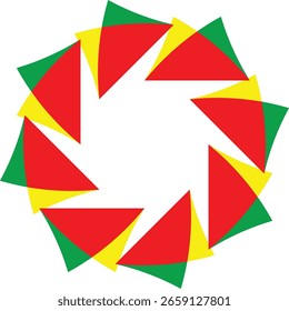 A captivating geometric design featuring a star pattern with bold red, green, and yellow triangles against a white background.