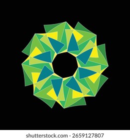 Un diseño geométrico cautivador con un patrón de estrella con triángulos verdes y amarillos sobre un fondo negro.