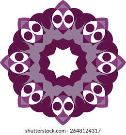 A captivating geometric design featuring a symmetrical mandala pattern with bold purple shapes and white accents against a white background.