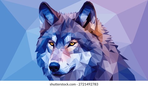 A captivating geometric illustration of a wolf. The image is rendered in a polygonal style using blue and purple hues, creating a modern and abstract design. The wolf's head is depicted with sharp,