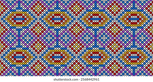 a captivating geometric pattern composed of small, colorful squares and circles. The design creates a mesmerizing visual rhythm with its intricate arrangement of colors and shapes. 