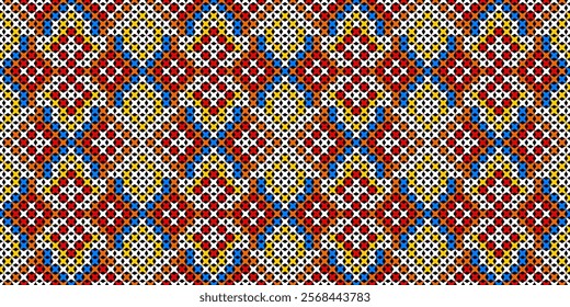 a captivating geometric pattern composed of small, colorful squares and circles. The design creates a mesmerizing visual rhythm with its intricate arrangement of colors and shapes. 