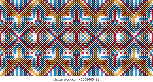 a captivating geometric pattern composed of small, colorful squares and circles. The design creates a mesmerizing visual rhythm with its intricate arrangement of colors and shapes. 