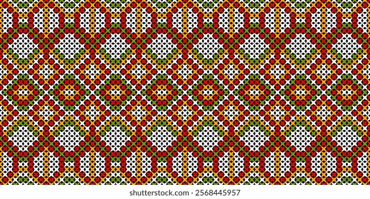 a captivating geometric pattern composed of small, colorful squares and circles. The design creates a mesmerizing visual rhythm with its intricate arrangement of colors and shapes. 