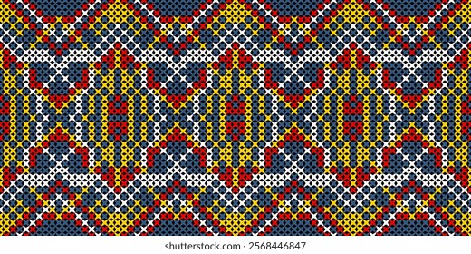 a captivating geometric pattern composed of small, colorful squares and circles. The design creates a mesmerizing visual rhythm with its intricate arrangement of colors and shapes. 