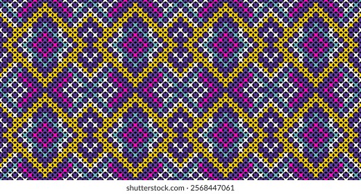 a captivating geometric pattern composed of small, colorful squares and circles. The design creates a mesmerizing visual rhythm with its intricate arrangement of colors and shapes. 