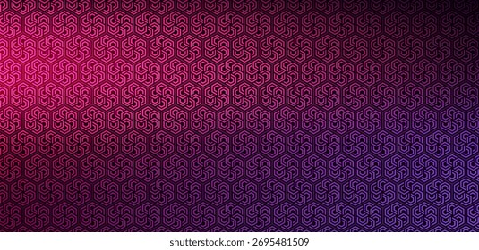 A captivating geometric pattern displays interconnected hexagon shapes transitioning from vibrant red and pink hues to a deep purple and blue gradient, forming an eye-catching abstract background