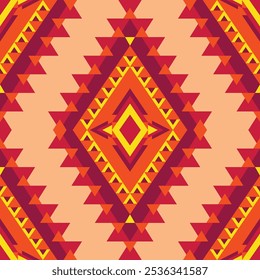 A captivating geometric pattern inspired by tribal art, featuring a bold color palette and symmetrical design. This pattern is perfect for fabric design, wallpaper, and digital art applications.