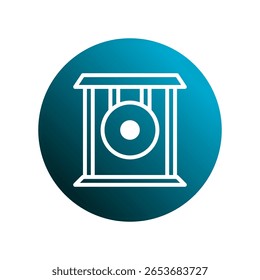 Uma cativante ilustração de gongo contra um círculo de gradiente azul sereno evoca harmonia musical, tradição e atenção plena