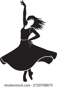 Uma cativante e graciosa silhueta vetorial de uma jovem mulher realizando um movimento de dança dinâmico, girando, provavelmente inspirado por estilos de dança tradicional, folclórica ou latina. A figura é capturada no meio da pirueta, com sua saia expansiva e fluente dramaticamente levantada pelo momento de sua rotação, enfatizando a beleza de seu movimento. 