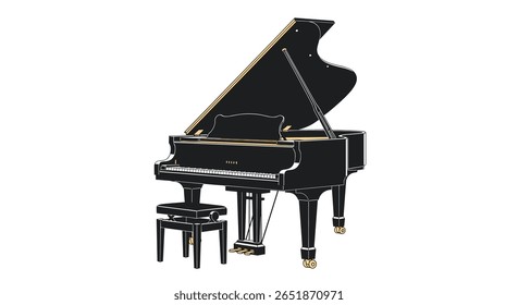 Desempenho cativante de piano de cauda com musicalidade virtuosa e presença de palco elegante
