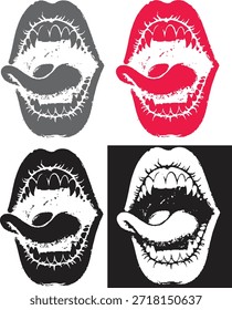 Um gráfico cativante apresenta quatro representações distintas de uma boca aberta, cada uma exibindo uma língua divertida e uma variedade de dentes afiados e pontiagudos.