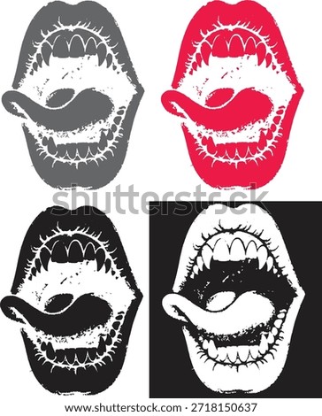 A captivating graphic features four distinct renditions of an open mouth, each showcasing a tongue playfully sticking out and an array of sharp, pointed teeth.