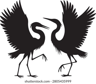 A captivating graphic illustration showcasing two elegant black crane silhouettes in a dynamic dance pose, embodying grace, harmony, and the spirit of the wild.