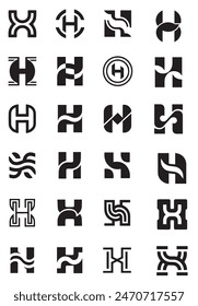 A captivating grid of 24 distinct and stylized "H" logos, each uniquely designed with various geometric patterns and line art on a black background.