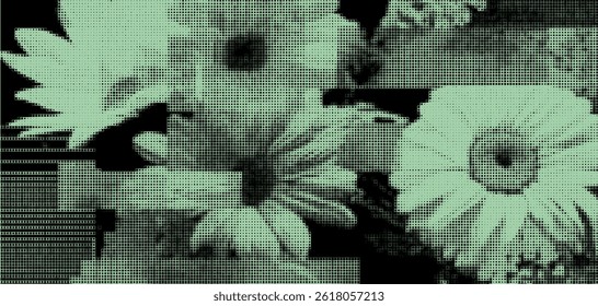 A captivating halftone overlay texture features various flowers in a creative bitmap style. This artistic design combines different floral shapes and tones for versatile applications.