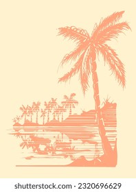 a captivating hand drawn illustration of 80s beach scene with swaying palms, the serene sea, and a breathtaking sunset beach