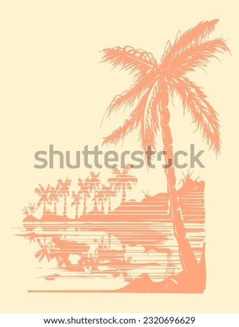 a captivating hand drawn illustration of 80s beach scene with swaying palms, the serene sea, and a breathtaking sunset beach