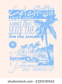 a captivating hand drawn illustration of Malibu's sunset beach, iconic palms, and a touch of vintage grunge, beautifully brought together in a mesmerizing t shirt print and poster art design