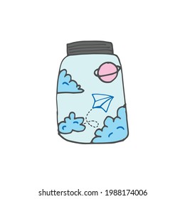 Captivating hand-drawn illustration featuring a spacecraft, planet, and cloud enclosed within a jar against a white backdrop. Ideal for imaginative artworks, space-themed designs, or creative concept