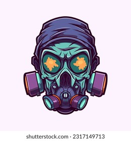 A captivating hand-drawn logo design illustration of a zombie donning a gas mask. The intricate details and chilling atmosphere make this artwork a perfect choice for horror and survival-themed projec