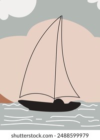 a captivating hand-drawn vector illustration of a sailing boat in the sea. This abstract background is perfect for enhancing your posters, flyers, brochures, and cards with a nautical theme